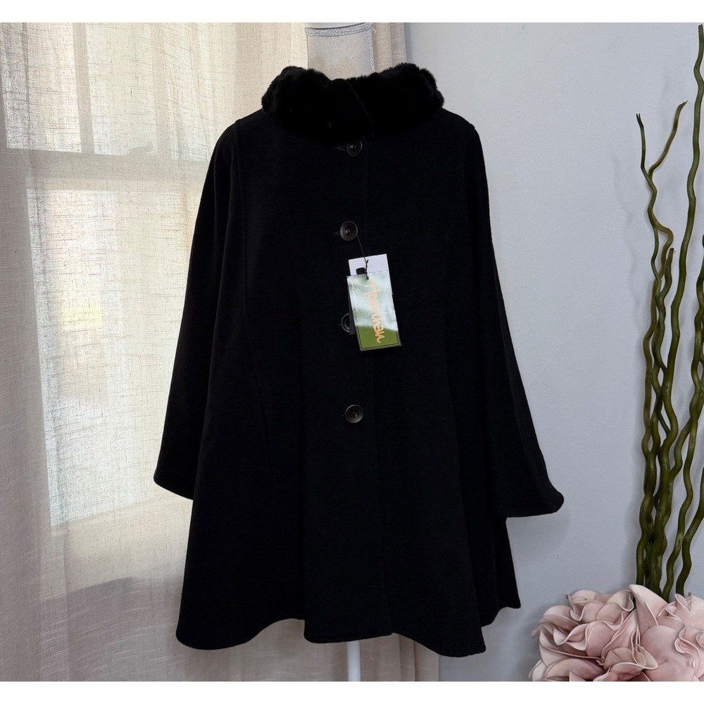 NWT Jimmy Hourihan Cape Coat Wool Cashmere Rabbit Fur Collar Black One Size